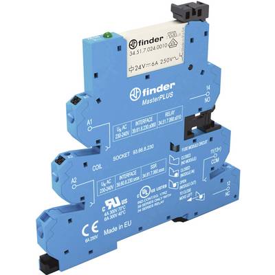 Un module de relais Finder, modèle MasterPLUS, de couleur bleue, avec les caractéristiques techniques relatives à la tension (24V=, 6A, 250V~) et portant le marquage CE.