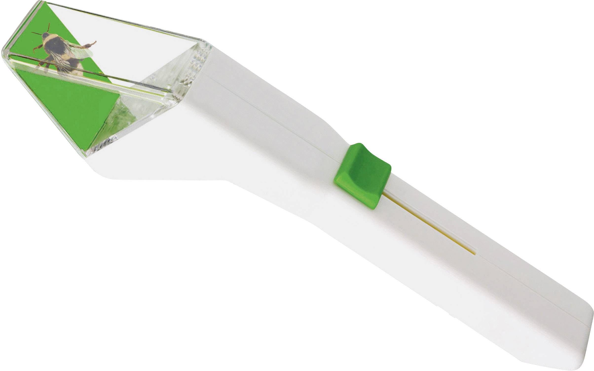 Un dispositif transparent de capture d'insectes, allongé, avec un couvercle vert, contient un insecte dans sa partie avant.