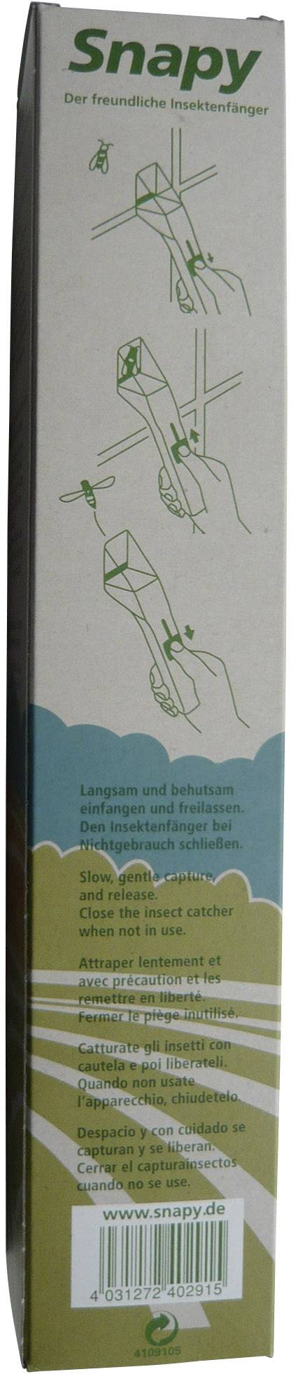 Emballage d'un piège à insectes avec un guide d'utilisation illustré. Nom de marque 'Snapy' en haut. Contient l'URL du site web et le symbole de recyclage.