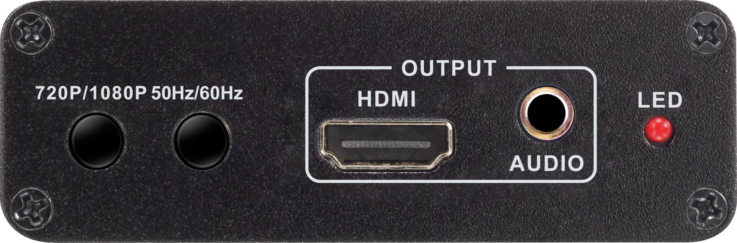 Arrière d'un appareil électronique avec des ports de sortie HDMI et audio, témoin LED et options 720P/1080P 50Hz/60Hz.