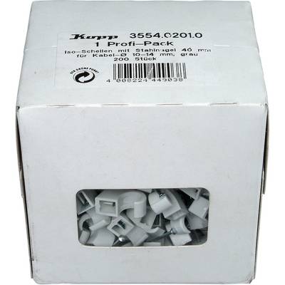 Un emballage blanc portant l'inscription 'Colliers de serrage isolés avec clou en acier 40 mm, pour câbles Ø 10-14 mm, gris, lot de 200 pièces'.