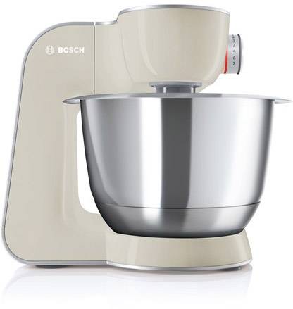 Robot de cuisine Bosch en blanc crème avec bol mélangeur en acier inoxydable et bouton de commande des vitesses.