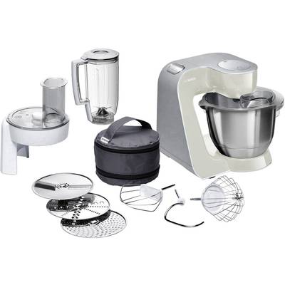Robot de cuisine avec bol en acier inoxydable et accessoires : adaptateur mixeur, fouet, crochet pétrisseur et disques râpeurs, idéal pour la cuisine et la pâtisserie.