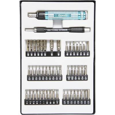 Ensemble d'outils pour électronicien comprenant des tournevis et des embouts de différentes tailles, polyvalent pour des travaux de précision, rangé dans un support en mousse.