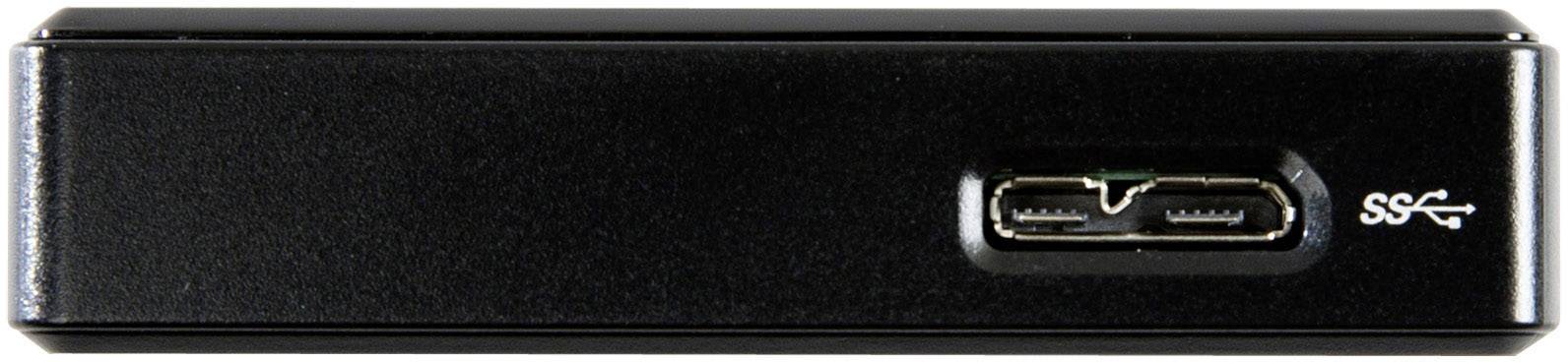 Appareil noir doté d'un port USB 3.0 Micro-B sur l'avant, identifié par la mention 'SS USB'.