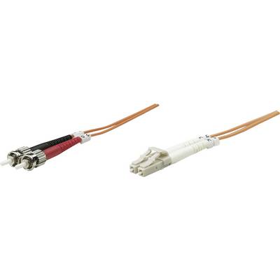 Deux câbles à fibre optique avec des connecteurs ST et LC. À gauche, les connecteurs ST avec boîtier métallique et à droite, les connecteurs LC de dimensions plus réduites.
