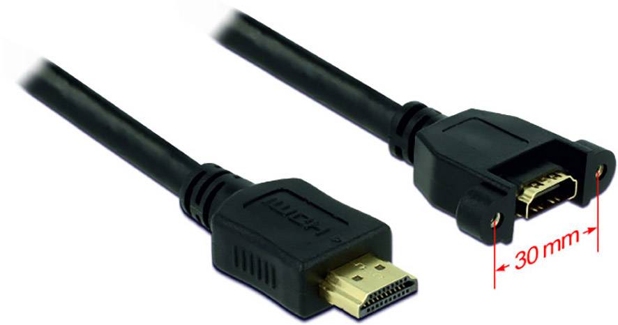 Deux câbles HDMI : l'un avec une fiche, l'autre avec un connecteur femelle. Le connecteur femelle a une largeur d'environ 30 mm.