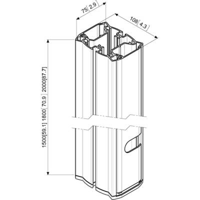 Dessin technique d'un profilé en aluminium de dimensions 75 x 108 mm, avec des options de hauteur de 70 à 200 mm, équipé de rainures de connexion.