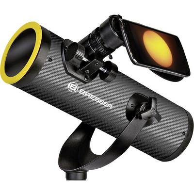 Télescope avec filtre solaire et support pour smartphone, affichant le soleil sur l'écran du smartphone. Idéal pour l'observation solaire.