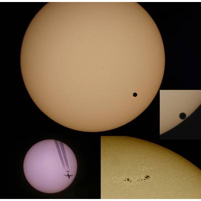 Les images montrent une éclipse solaire, le transit de Vénus devant le soleil, et un avion avec une traînée de condensation qui vole devant le soleil.
