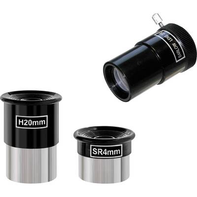 Trois oculaires de télescope différents : un oculaire H20mm, un oculaire SR4mm et une lentille de Barlow pour l'amplification des vues.