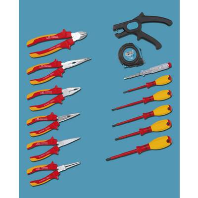 Un ensemble d'outils manuels : neuf pinces avec des poignées rouges, six tournevis, un mètre ruban et un coupe-câbles noir.