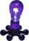 Une ampoule luisante violette posée sur un support brillant noir en forme de crabe, qui évoque un objet artistique unique.