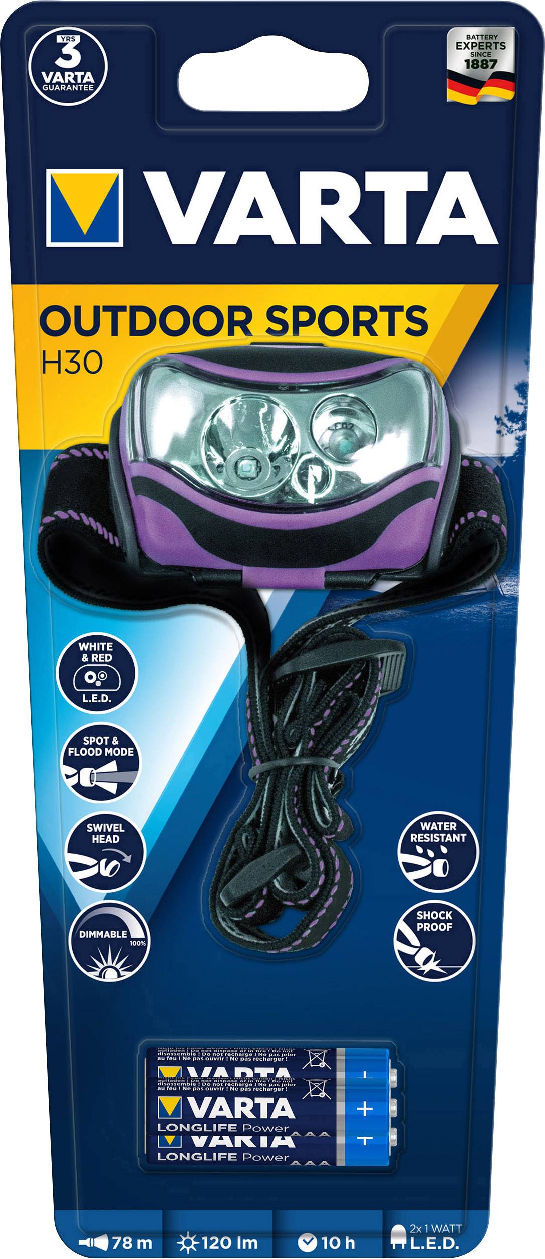 Lampe frontale LED Varta Outdoor Sports H30 à pile(s) 0.11 10 h lilas, noir-3