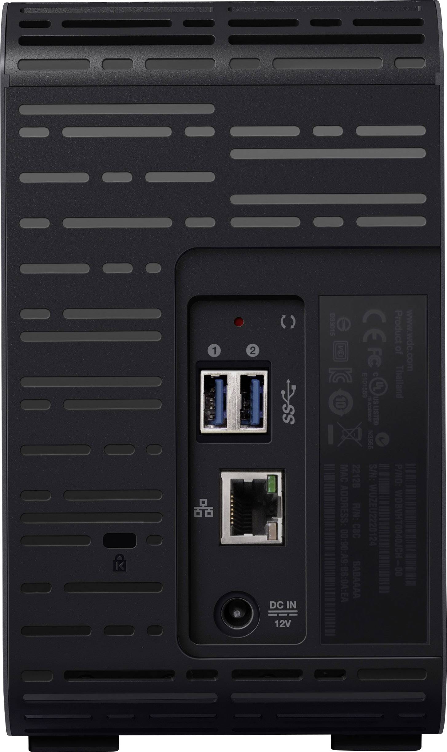 Arrière d'un stockage réseau noir avec des connexions : deux ports USB, un port LAN et une entrée DC pour l'alimentation électrique.