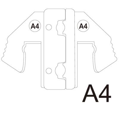 Dessin technique d'un connecteur métallique portant l'inscription 'A4'. Le design comprend deux ailes symétriques.