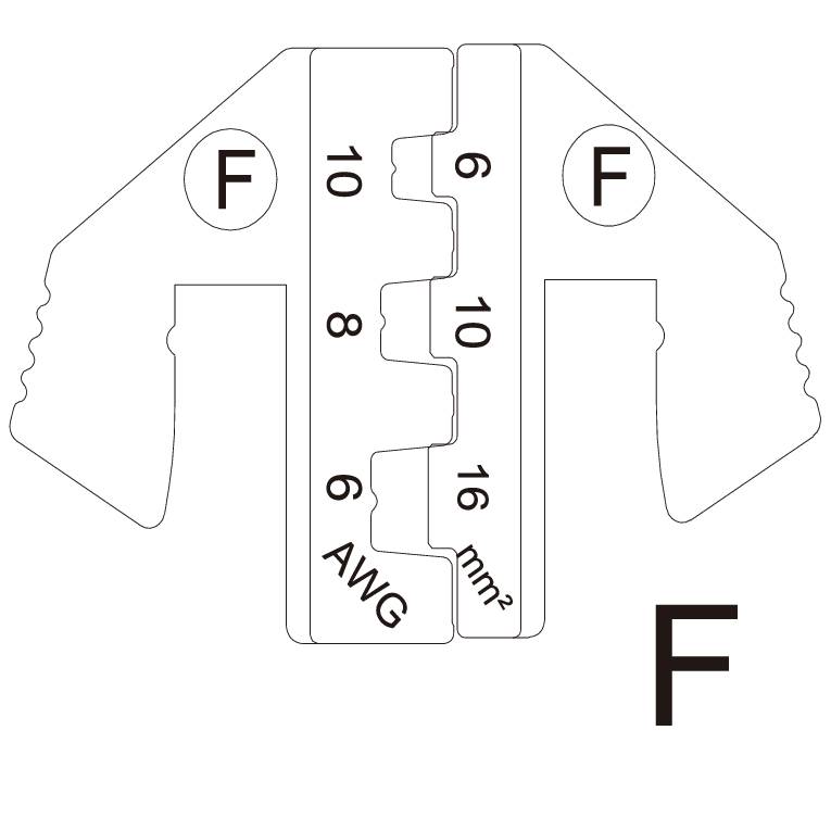 Profil à sertir avec étiquettes : « F », « 10-18 AWG », « 0,8-1,5 mm² ». Outil pour le traitement des câbles ou des fils.