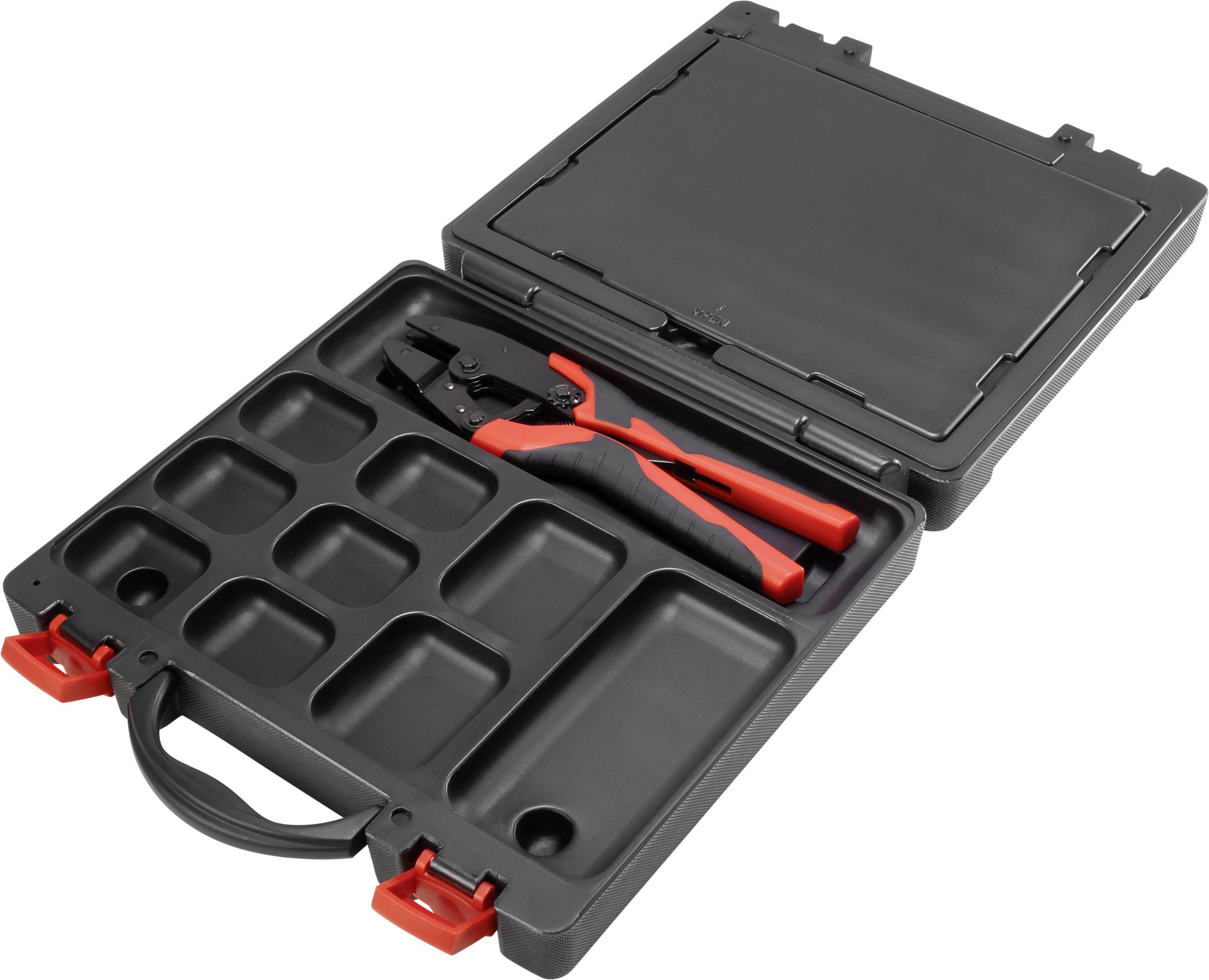 Une boîte à outils ouverte avec des pinces rouges dans un compartiment et d'autres compartiments vides, adaptée au rangement des outils.