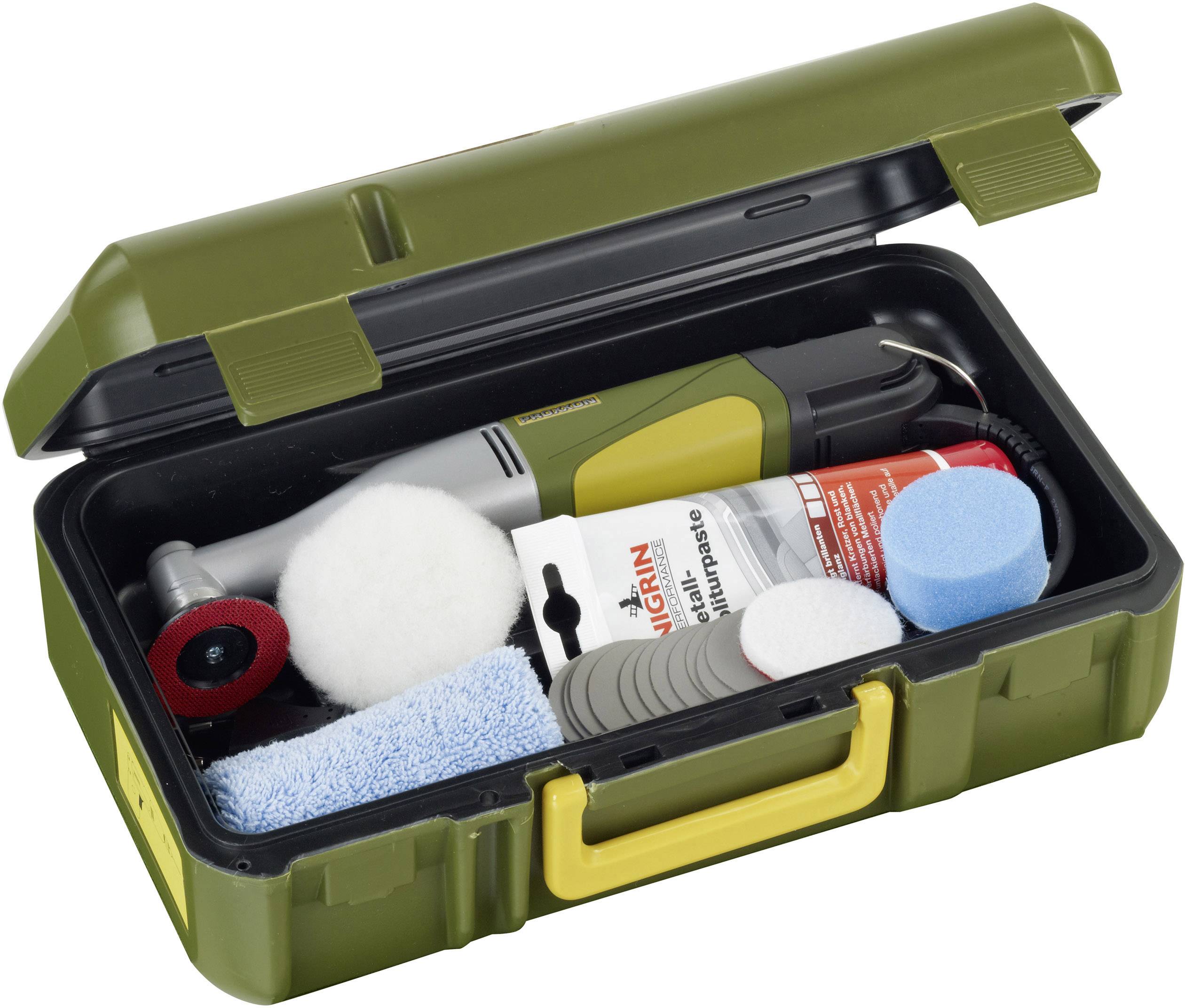 Boîte à outils ouverte avec accessoires de polissage : machine à polir, embouts de différentes formes et couleurs, matériaux abrasifs et chiffon de nettoyage.