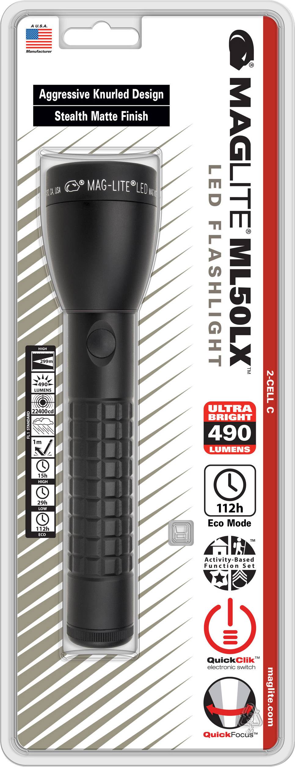 Lampe de poche LED Maglite ML50LX, structure agressive, surface mate, 490 lumens, jusqu'à 112 heures en mode Eco, fonction QuickClik.