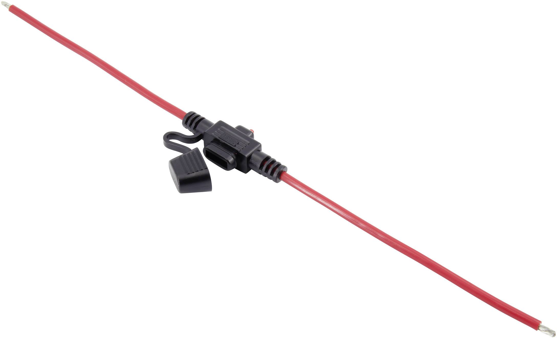 Un câble rouge avec support de fusible et couvercle, adapté aux connexions électriques et aux fonctions de protection dans les circuits.