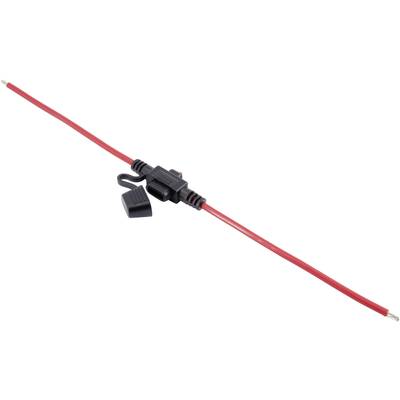Un câble rouge avec support de fusible et couvercle, adapté aux connexions électriques et aux fonctions de protection dans les circuits.