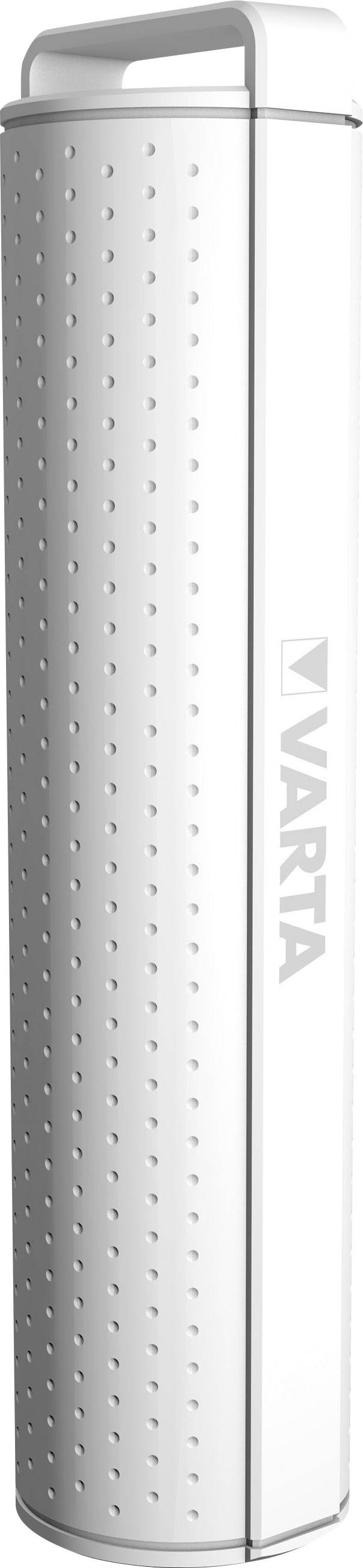 Batterie externe mince, blanche, avec une poignée en métal et le logo 'VARTA' sur le côté.