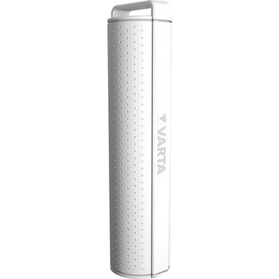 Batterie externe mince, blanche, avec une poignée en métal et le logo 'VARTA' sur le côté.