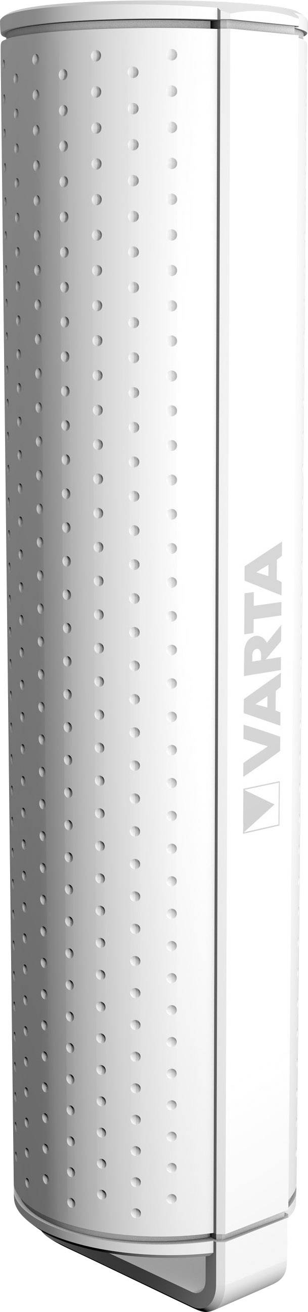 Chargeur USB blanc, long et rectangulaire avec une surface texturée et le logo 'Varta' sur le côté.