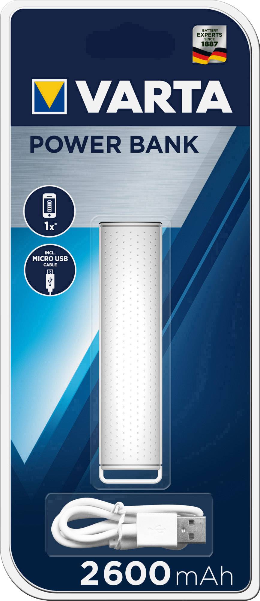 Batterie externe VARTA de 2600 mAh avec câble Micro-USB dans son emballage.