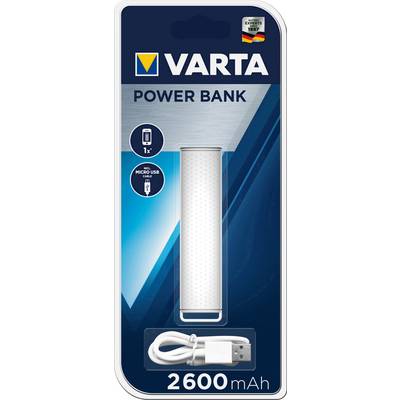 Batterie externe VARTA de 2600 mAh avec câble Micro-USB dans son emballage.
