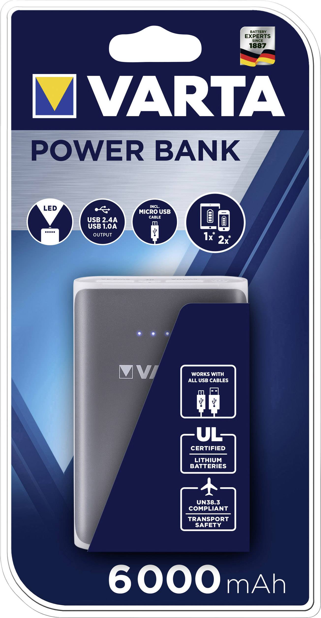 Varta Varta Cons.Varta Powerbank (batterie supplémentaire) 6000 mAh Li-Ion gris, blanc affichage du statut-6