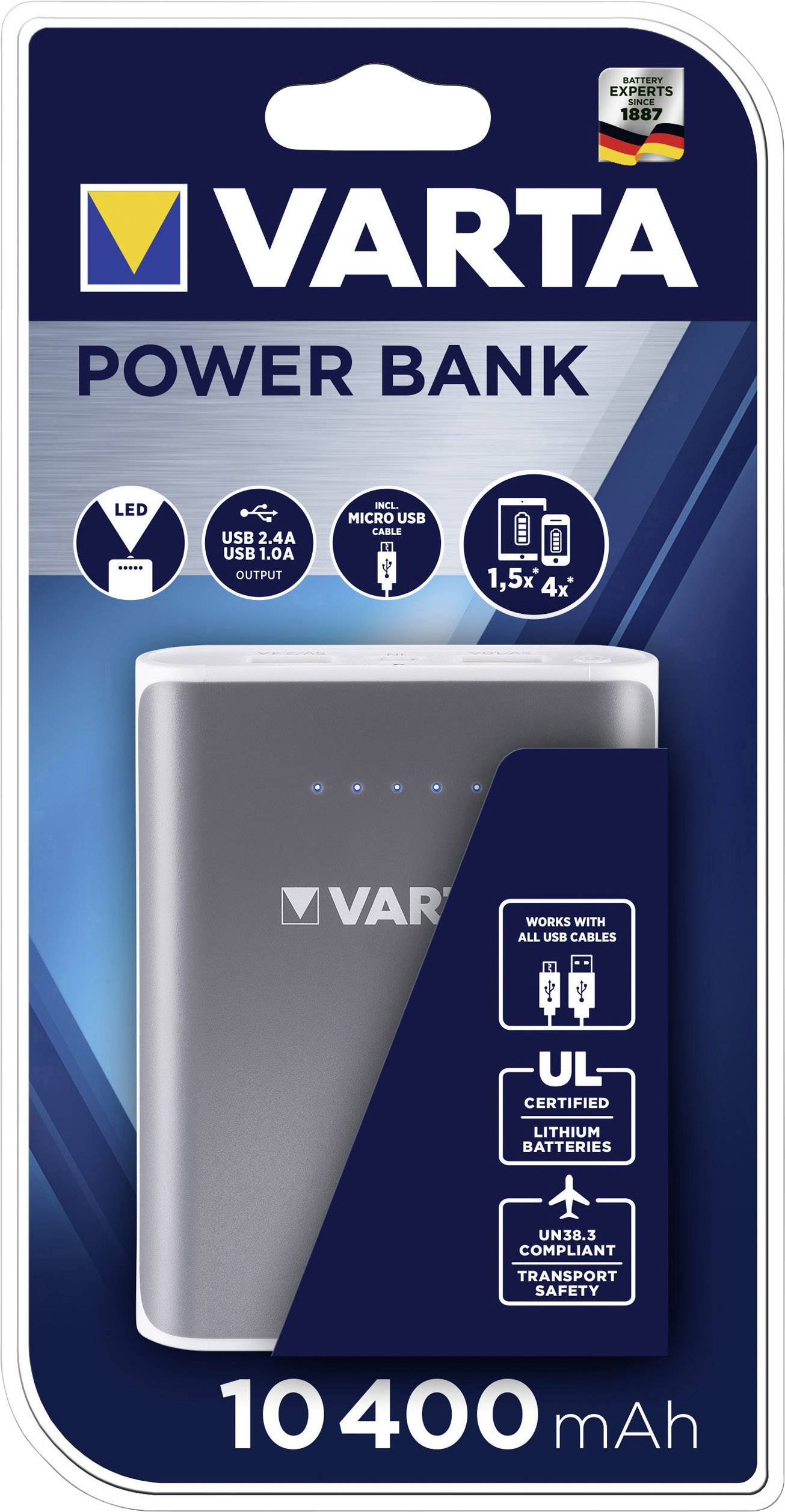 Varta Powerpack family 10400 Powerbank (batterie supplémentaire) 10400 mAh Li-Ion Micro USB gris, blanc affichage du sta-5