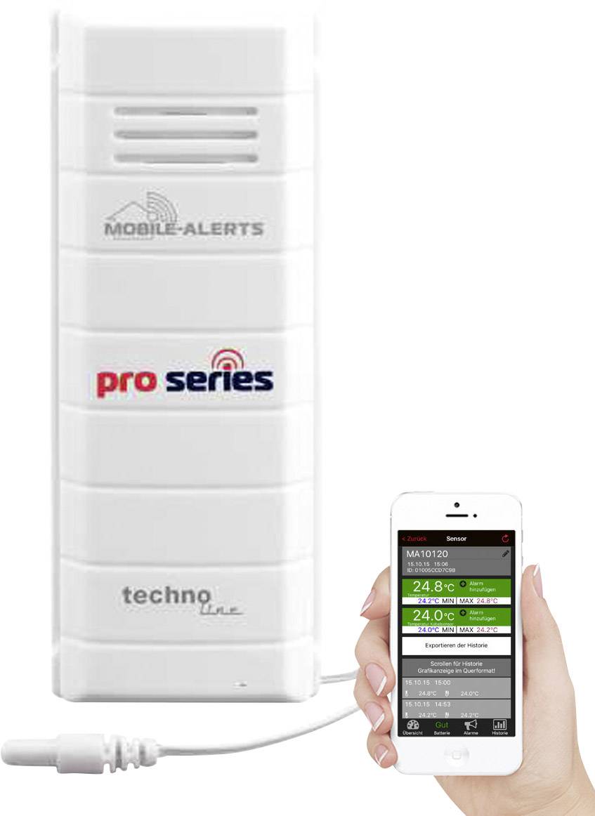 Capteur de température blanc de la marque 'Techno Line', modèle 'Pro Series', à côté d'un smartphone affichant les valeurs de température.