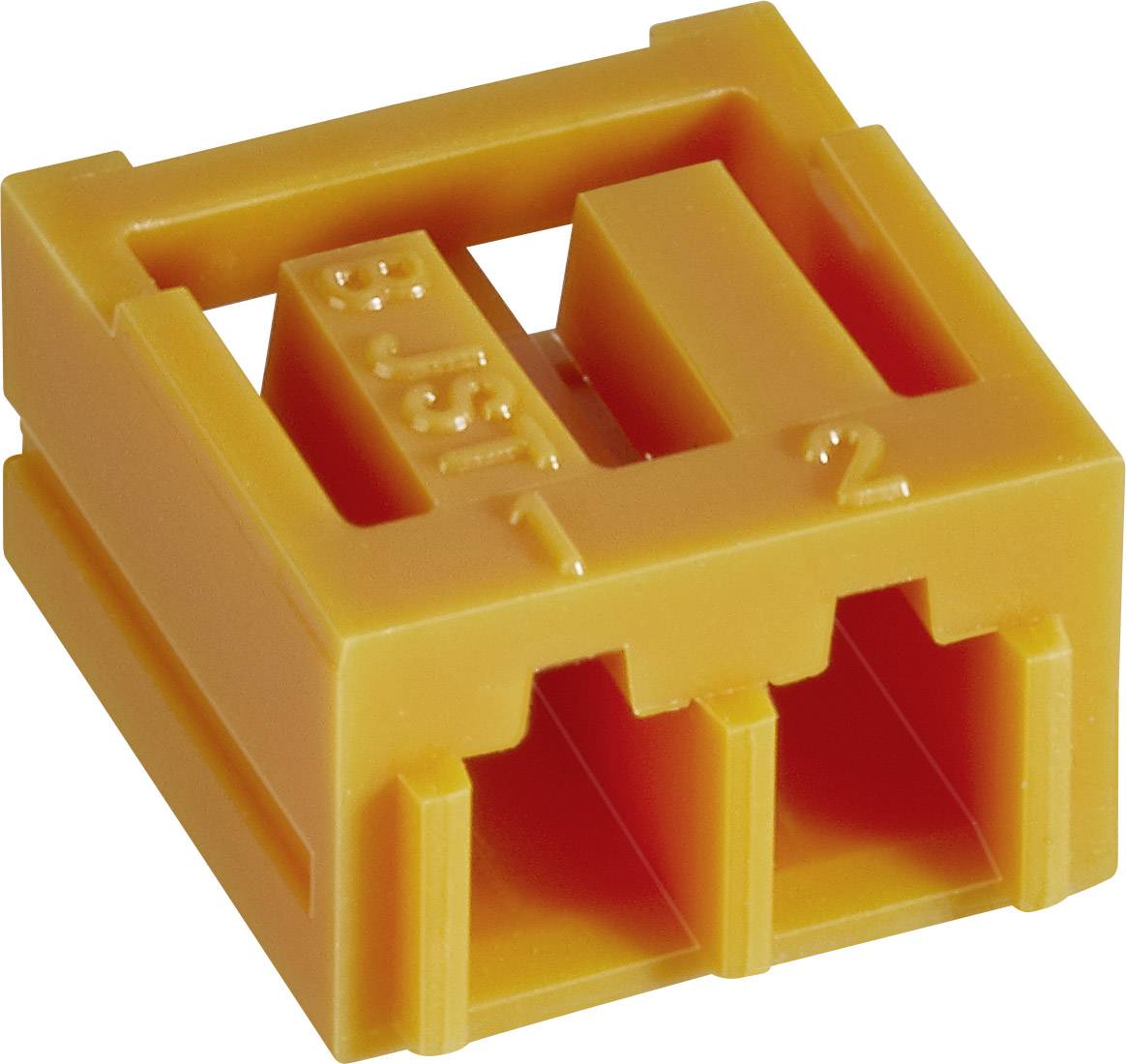 Pièce en plastique jaune avec trois emplacements et numérotations latérales, probablement un connecteur électrique.