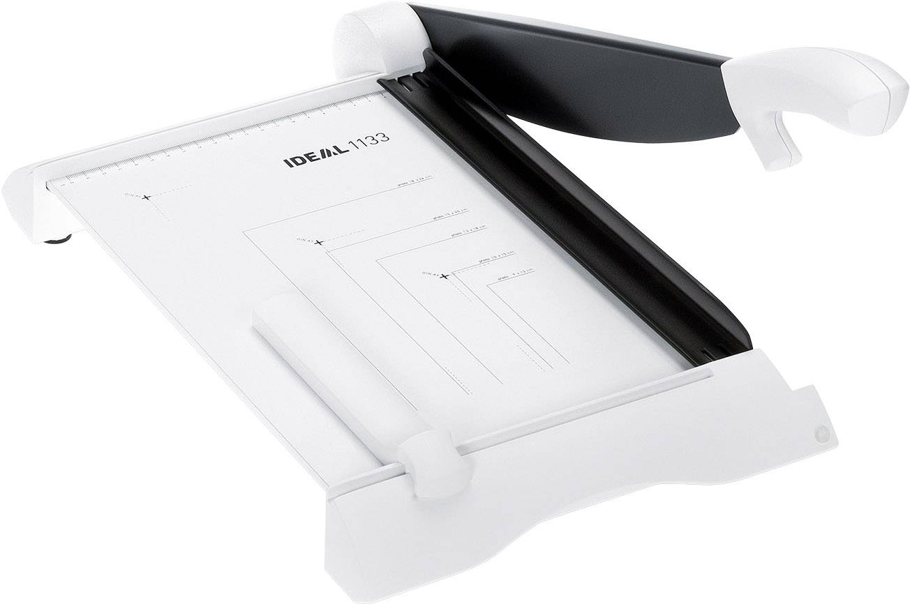 Machine à couper le papier en blanc avec une lame noire, marquée 'IDEAL 1133', montrant différents formats de papier sur le plateau de coupe.