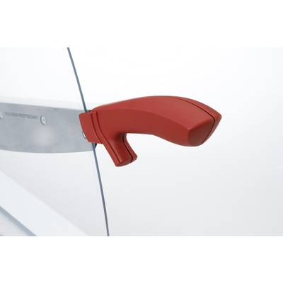 Poignée de secours rouge sur une porte vitrée, conçue pour ouvrir rapidement la porte en cas d'urgence.