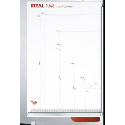 'IDEAL 1046 Fabriqué en Allemagne' Massicot avec indications de formats DIN sur la surface et protection transparente.