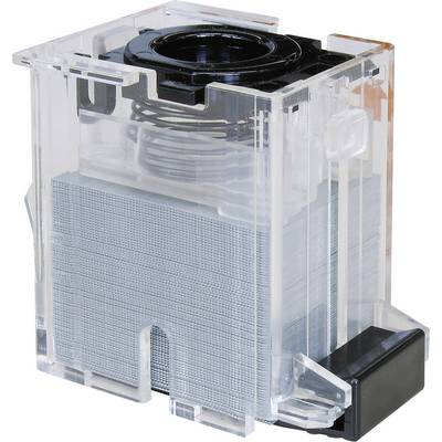 Un récipient transparent contenant une pile de plaques argentées avec une ouverture noire sur le dessus, probablement un composant technique.