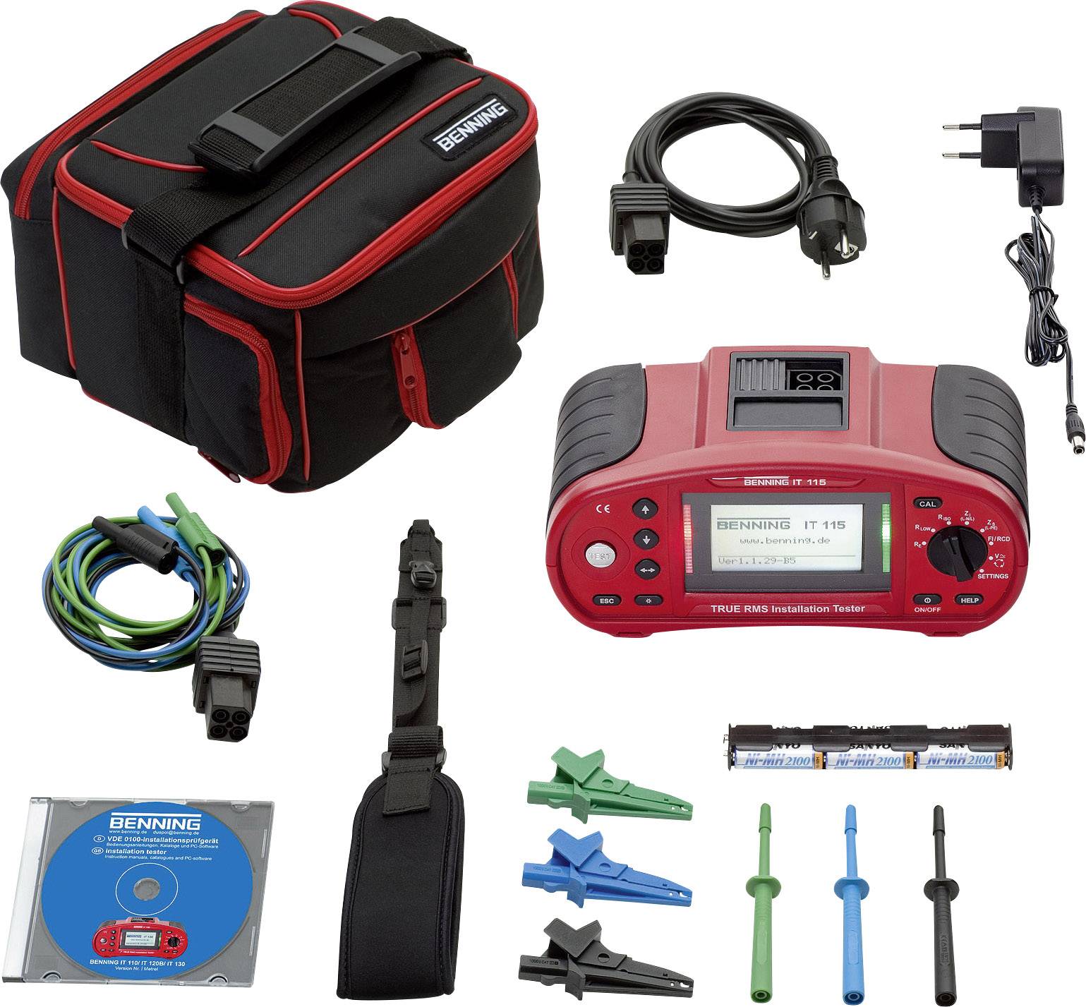 Ensemble de dispositif de mesure Benning comprenant un appareil de mesure, un sac de transport, des câbles, des adaptateurs, un CD de logiciel, des pointes de test et un chargeur. Pour des mesures électriques.