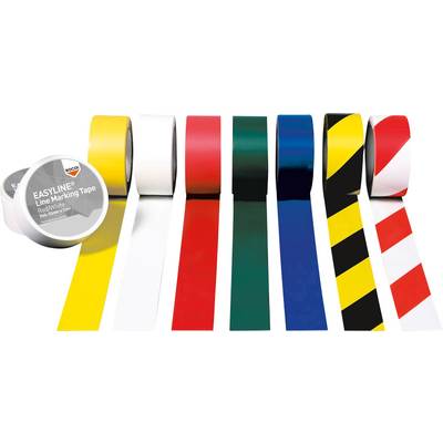 Plusieurs rouleaux de ruban de marquage linéaire de différentes couleurs, notamment jaune, blanc, rouge, vert, bleu et à motif rayé, sont présentés.