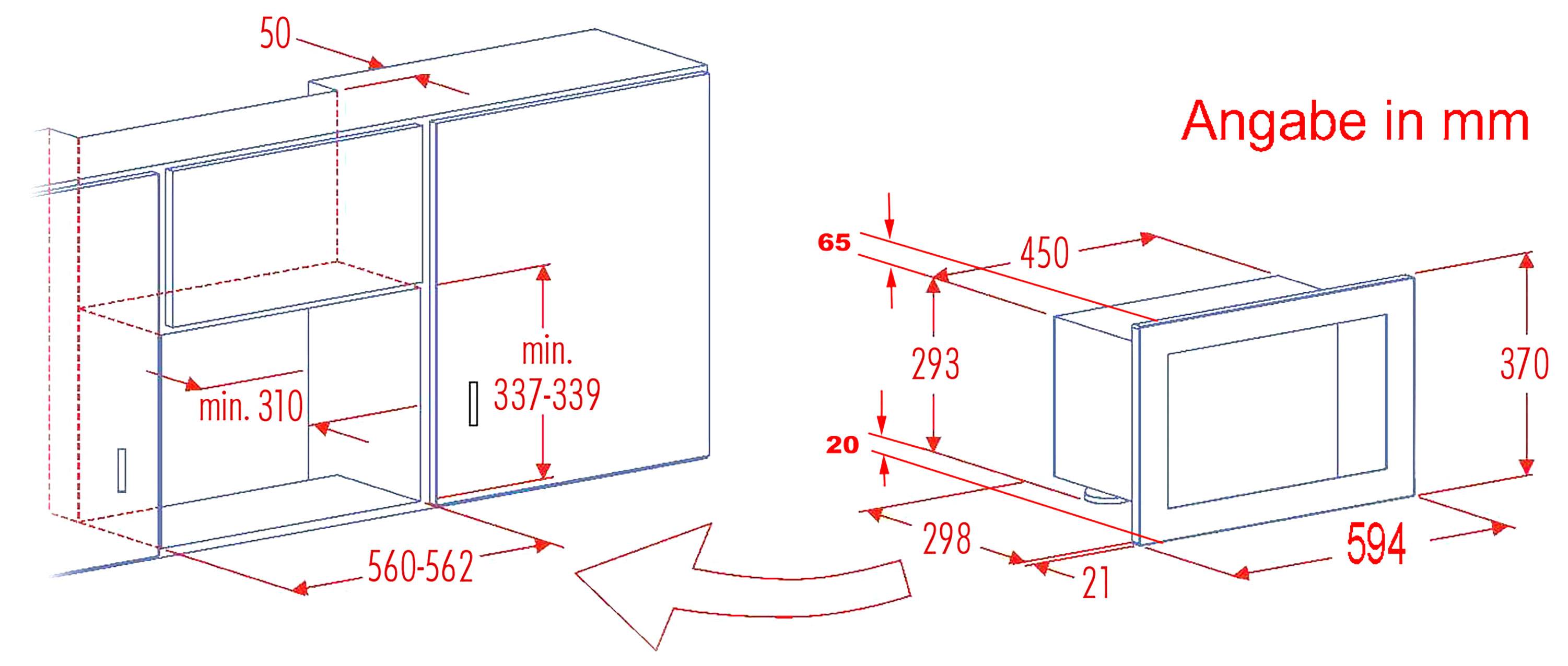 Instructions de montage pour un four à micro-ondes : Placard encastrable avec dimensions de 560-562 mm de largeur, 337-339 mm de hauteur, four à micro-ondes de 594 mm de largeur.