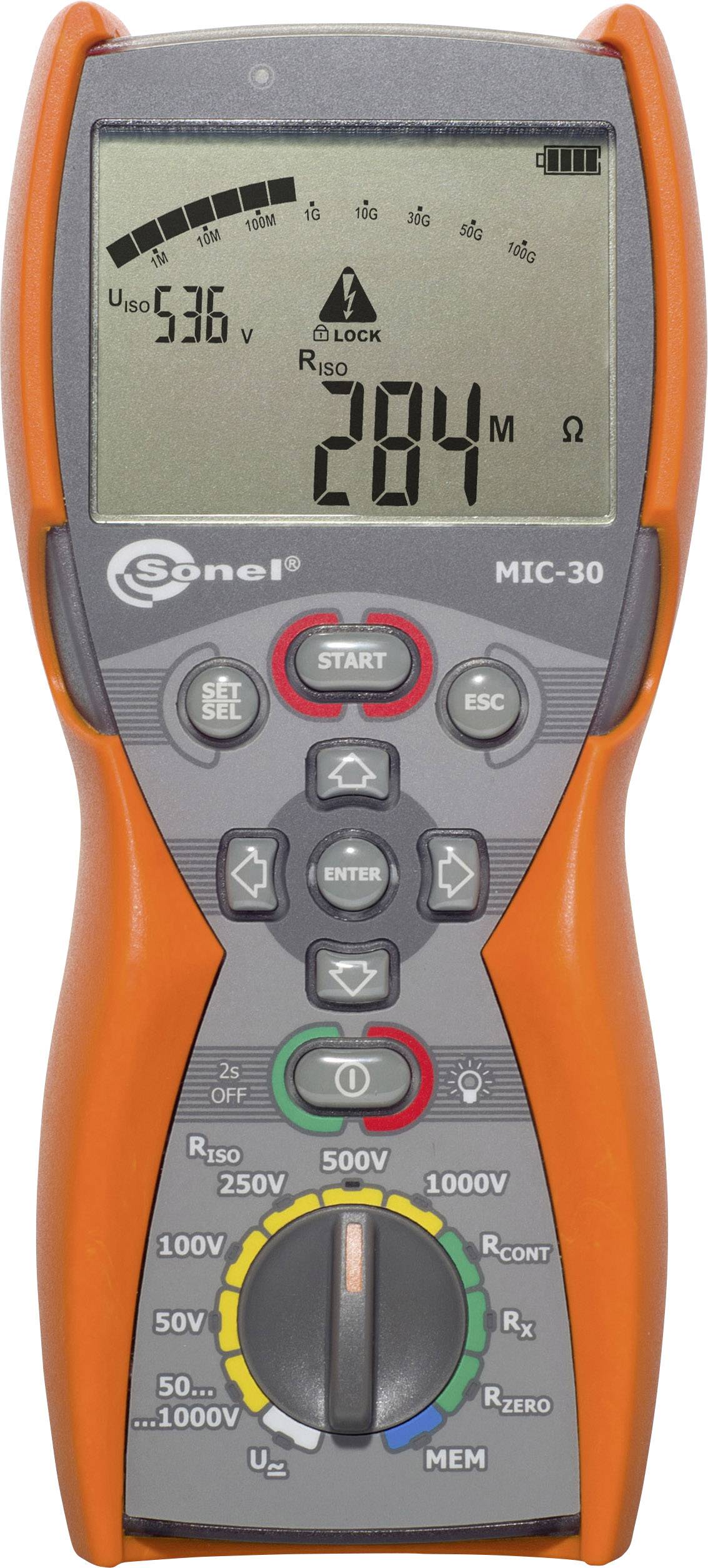 Multimètre numérique à boîtier orange et affichage noir et gris indiquant une mesure de résistance de 284 ohms.
