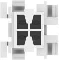 Une composition abstraite et géométrique en noir et blanc avec des formes rectangulaires et carrées répétées, disposées de manière symétrique.
