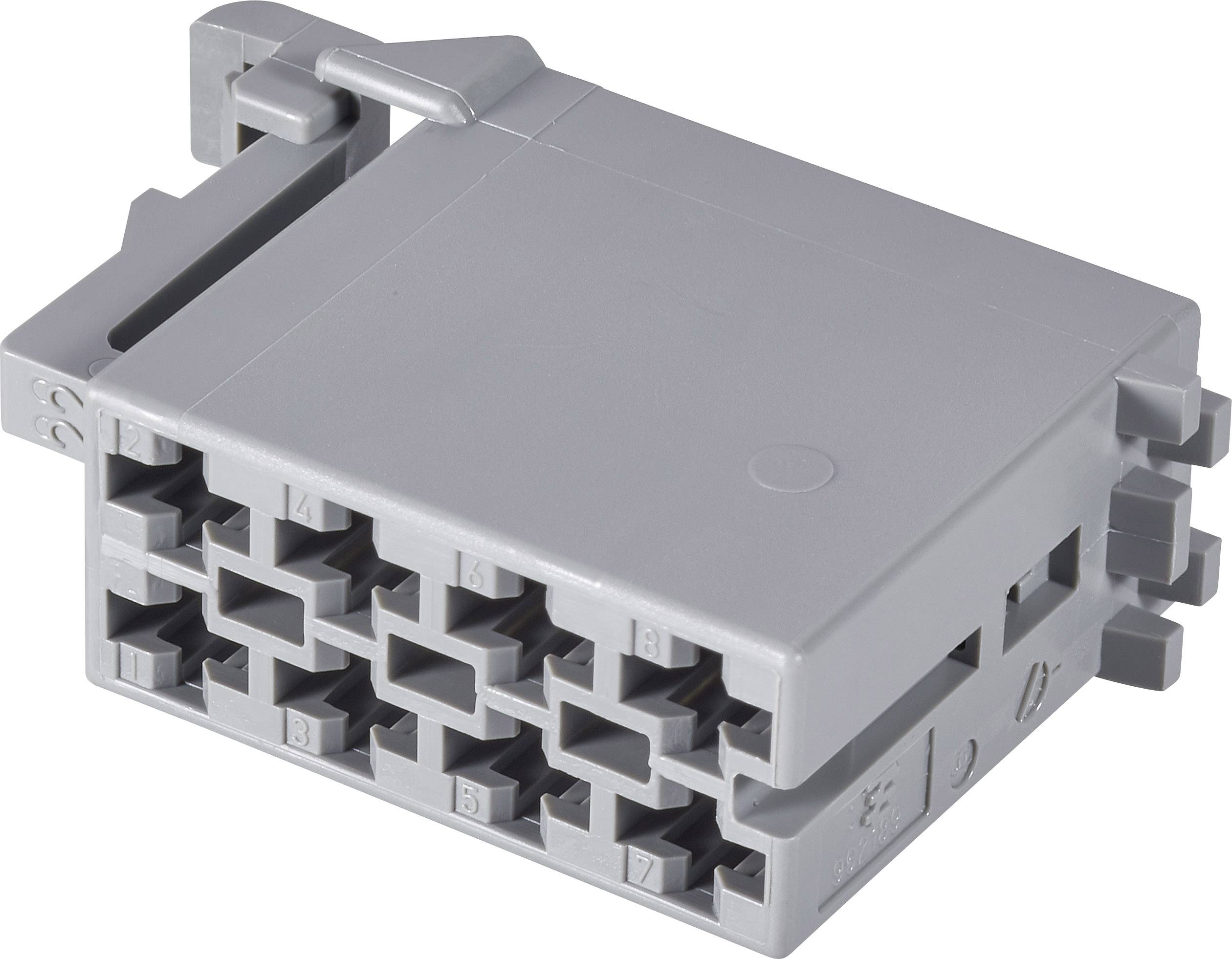Connecteur en plastique gris avec plusieurs prises de connexion, principalement utilisé pour les connexions électriques dans les applications techniques.