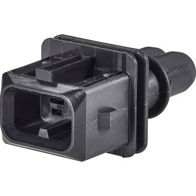 Connecteur électrique rectangulaire noir à plusieurs broches, avec un boîtier en plastique et une extrémité arrondie.