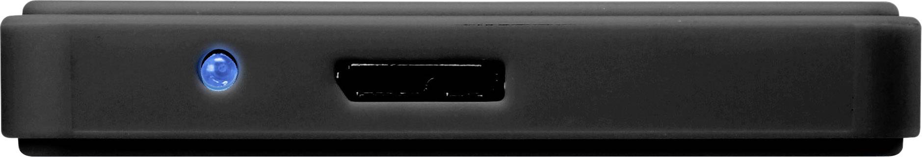 Un adaptateur électronique noir rectangulaire avec un port HDMI au centre et un indicateur LED bleu sur la gauche.