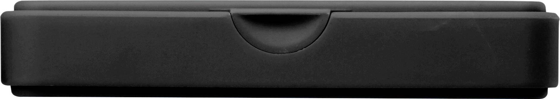 Une boîte rectangulaire noire avec une poignée de couvercle au centre.