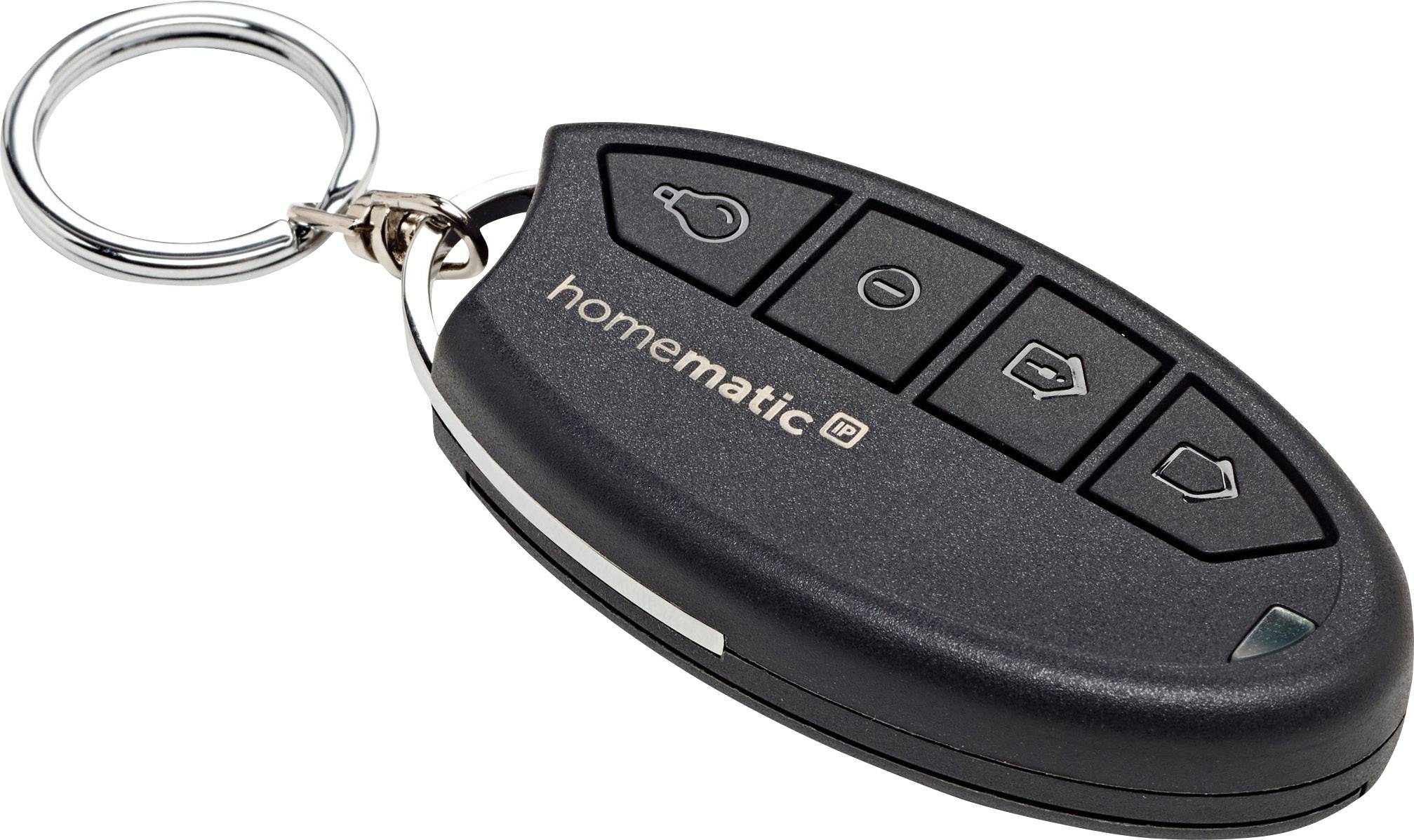 Un porte-clés télécommande avec cinq boutons, chacun portant un symbole représentant différentes fonctions. Le texte de marque 'homematic' est visible.