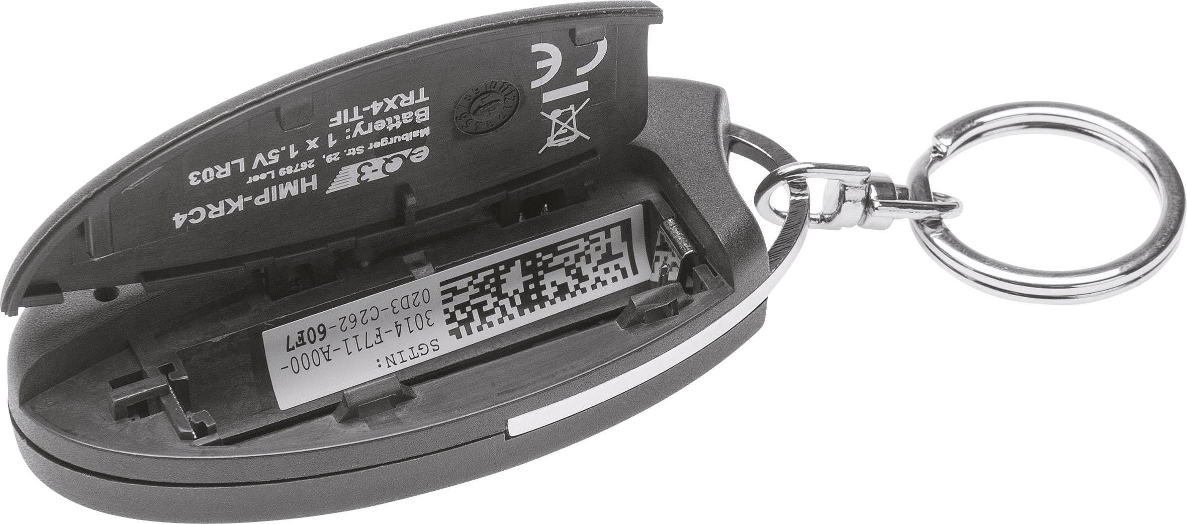 Porte-clés avec boîtier ouvert contenant un transpondeur RFID à pile.